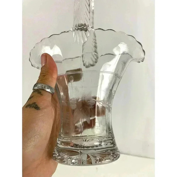 VTG Pressed Clear Etched Floral Glass Basket Vase 9.75" Tall MCM Home Decor - Picture 7 of 16